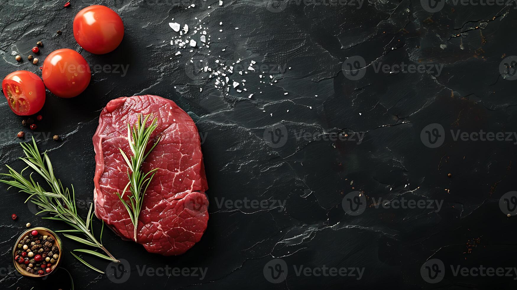 Fresh and Juicy Raw Beef Steak on dark wooden table background, Top View for an Up-Close Look photo