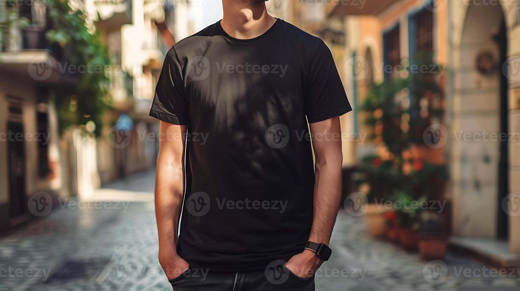 Young Model Shirt Mockup, Boy wearing black t-shirt on street in daylight, Shirt Mockup photo