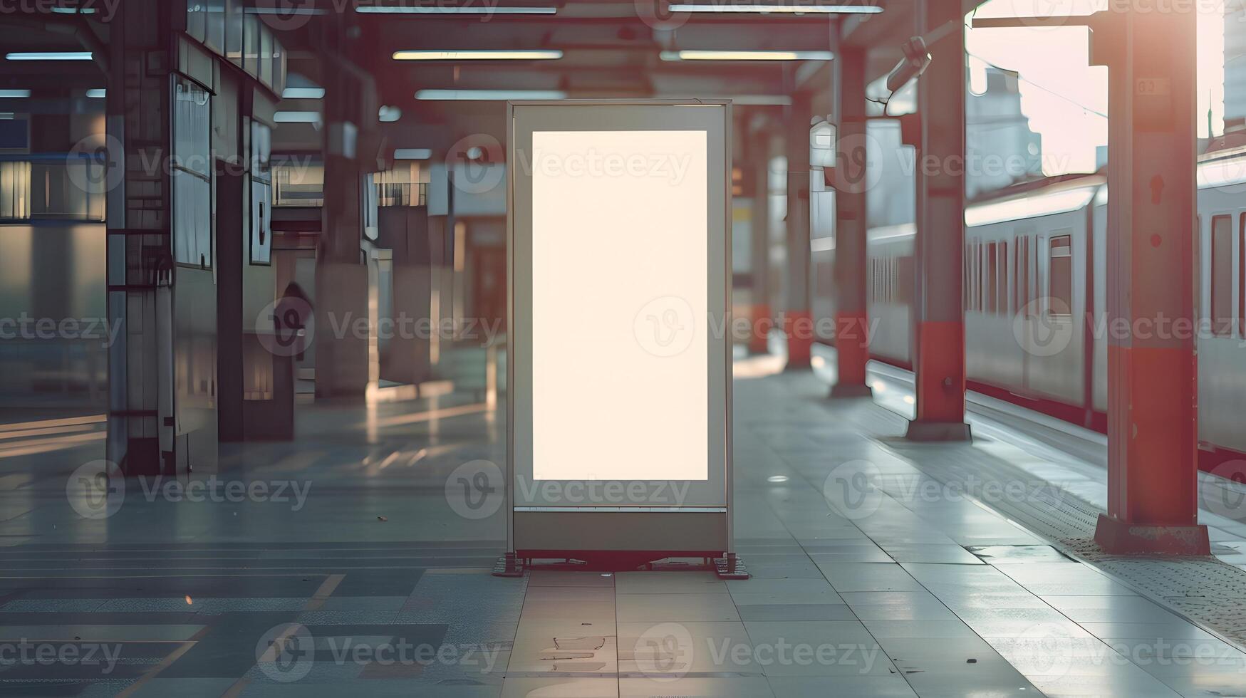 Vertical blank white billboard at bus stop on city street. Mock up billboard for advertising, promotion and marketing of products and events. photo