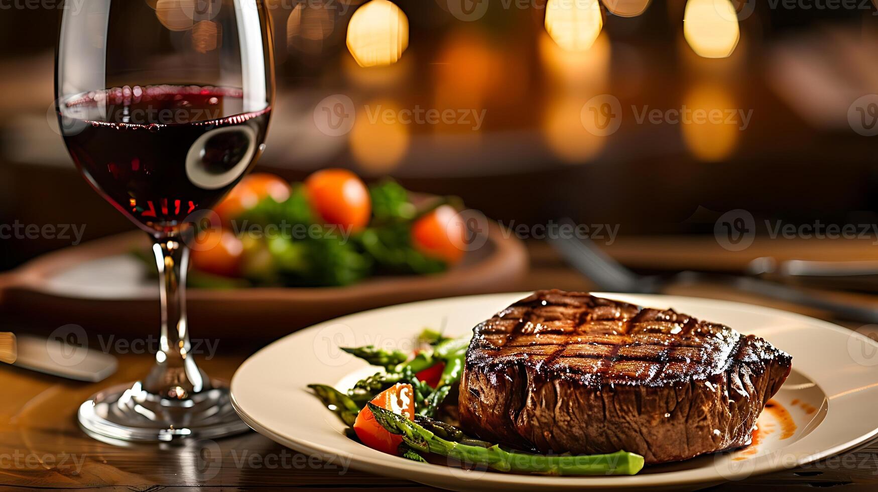 delicious beef meat steak in a restaurant with a glass of wine for dinner photo