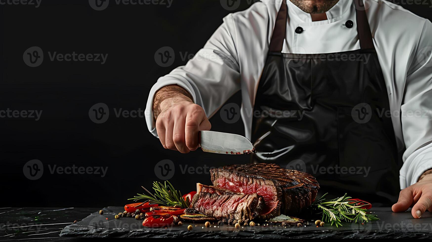 male Chef, cutting a meat steak on a black background with an open space for text or restaurant menus photo