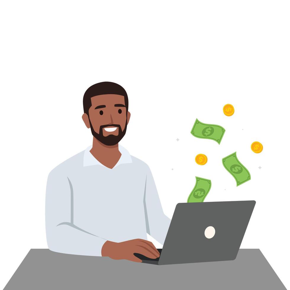 joven hombre trabajo desde hogar concepto. joven contento hombre haciendo dinero en Internet. vector