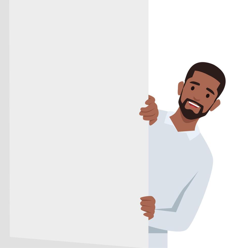 Young man peeping from behind wall. Funny curious man searching something. vector