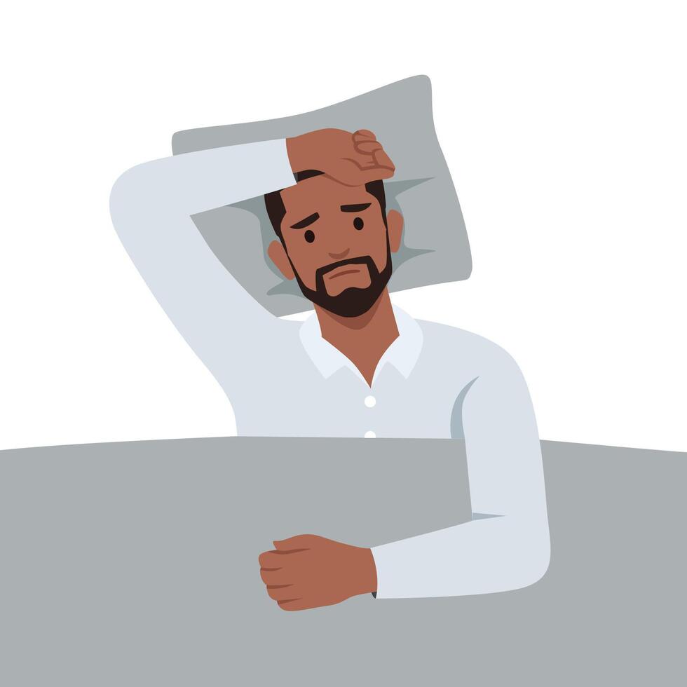 Young man sleepless suffers from insomnia, sleep disorder. Sad tired male character lying in bed with open eyes. vector