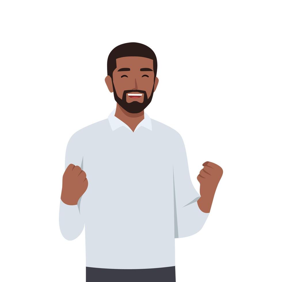 Young black man successful with clenched fists rejoices at success. vector