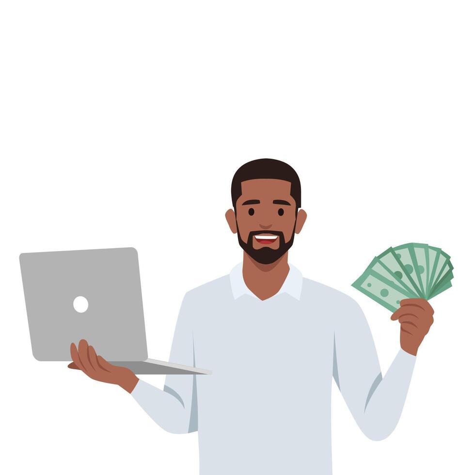 joven hombre haciendo dinero en Internet. victorioso mucho de dinero en social medios de comunicación en ordenador portátil. participación dinero en efectivo. vector
