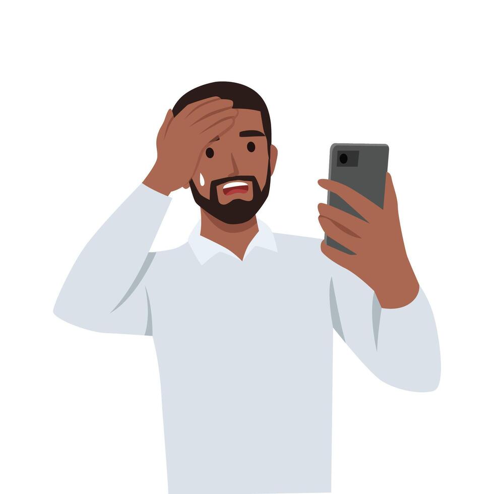 Young man texting using smart phone, stressed with hand on head, shocked, surprise face. vector