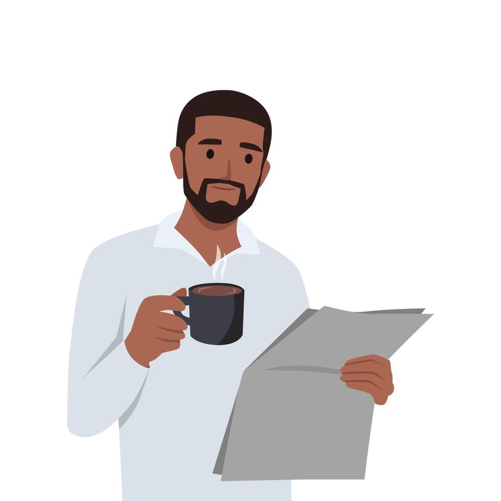 joven negro hombre leyendo periódico mientras teniendo café. vector