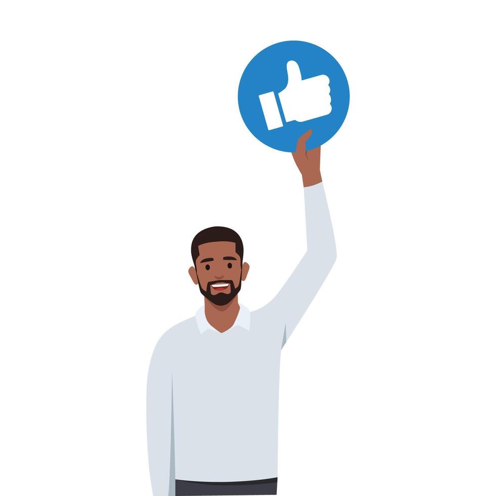 Young man give review rating and feedback. Holding in hands like rating Icons. vector