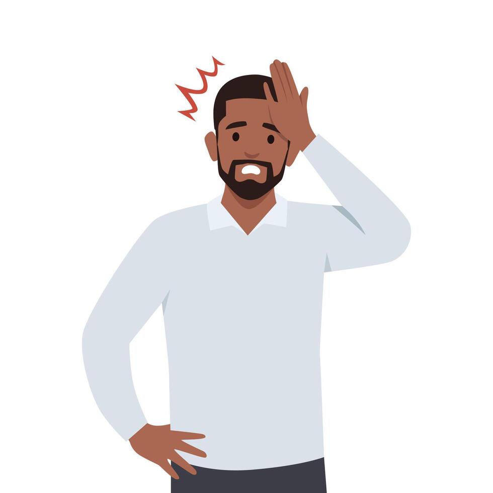 Unhappy young man squeezing head with hands. Emotions and body language concept. vector