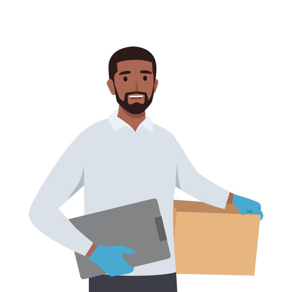joven entrega hombre o mensajero Servicio con uniforme participación caja paquete y demostración portapapeles documento. vector