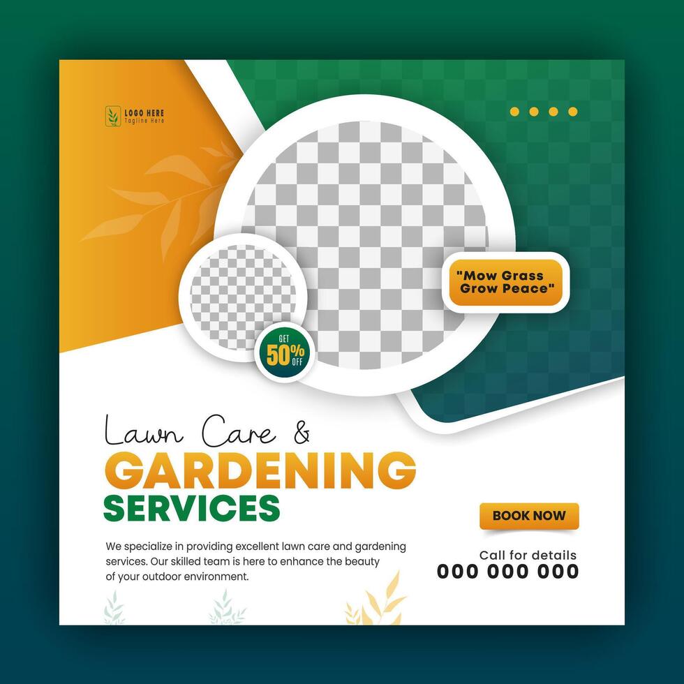 Organic food and agriculture service for social media cover or post design template, modern lawn mower garden, or landscaping service with green gradient background and abstract yellow color shape vector