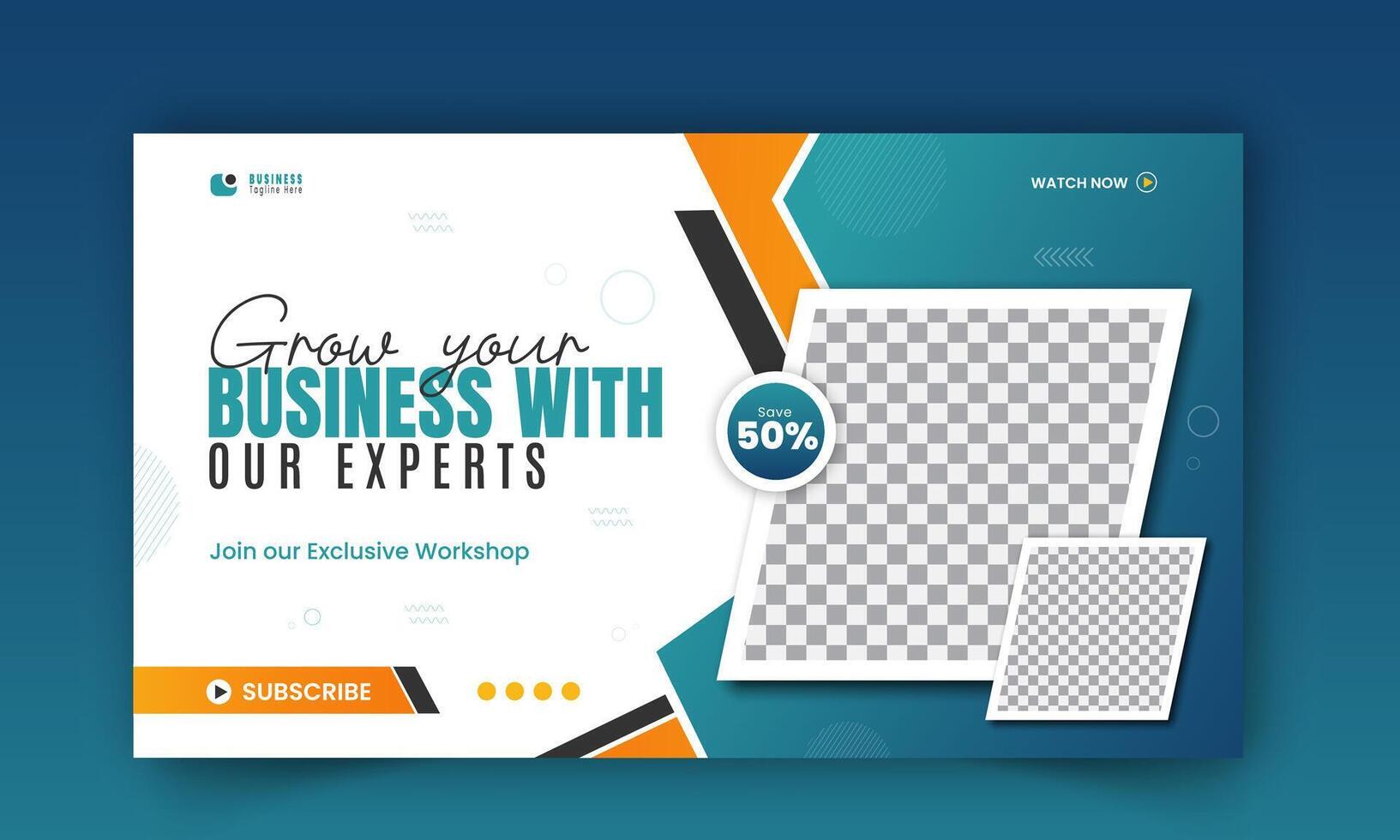 Modern and business workshop promotion thumbnail design, editable corporate, creative gaming live stream social media cover, web banner template with abstract blue and orange color shapes vector