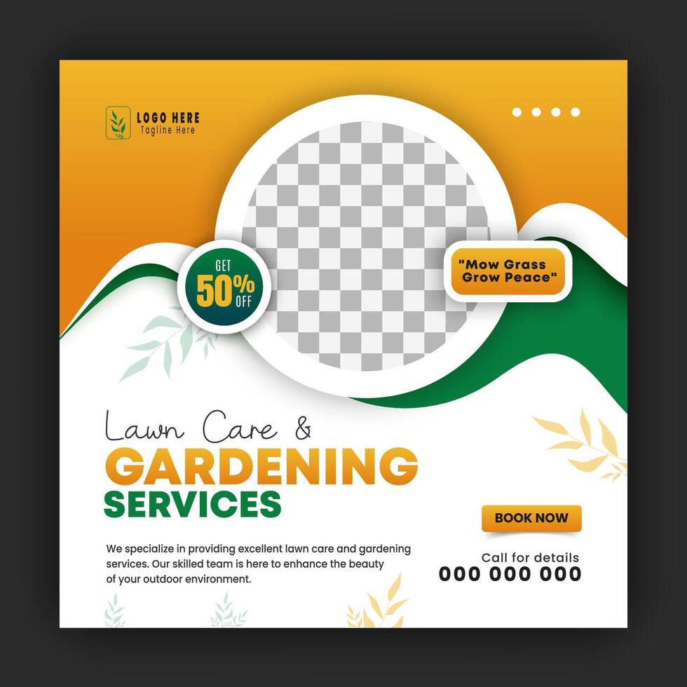 Organic food and agriculture service for social media cover or post design template, modern lawn mower garden, or landscaping service with green gradient background and abstract yellow color shape vector