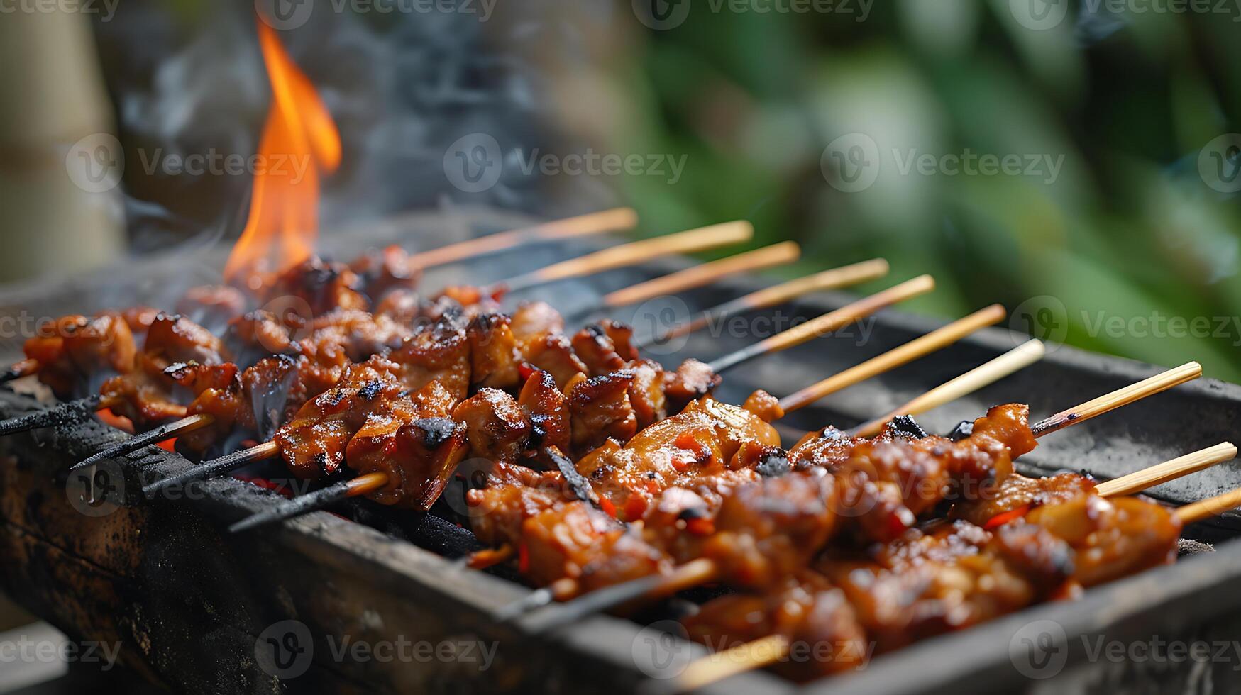 Close up of satay on barbecue photo