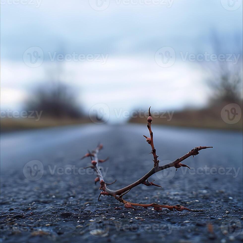 un espina en el asfalto, borroso antecedentes de césped y cielo, suave luz, de cerca, superficial profundidad de campo, macro lente, atención en el rama con borroso la carretera en el distancia. foto