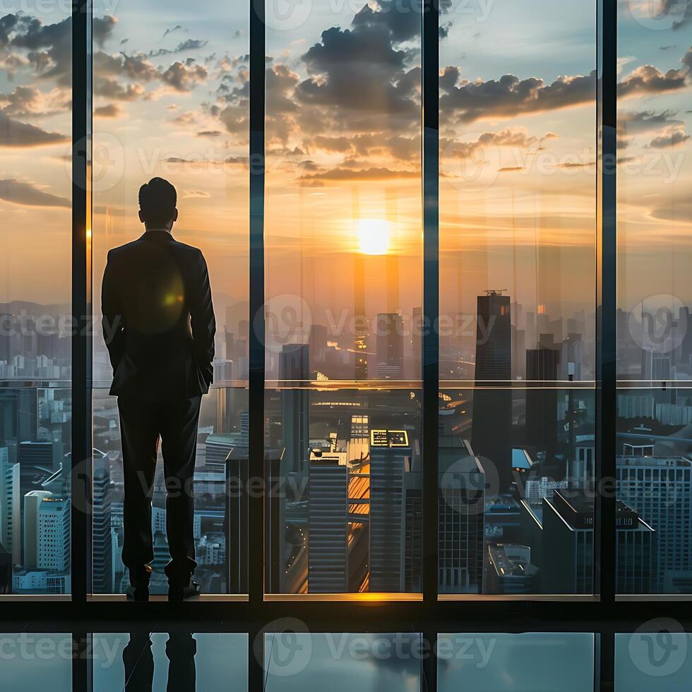 Full body portrait of successful businessman wearing a suit standing near panoramic windows, looking at sunset over city with skyscrapers photo