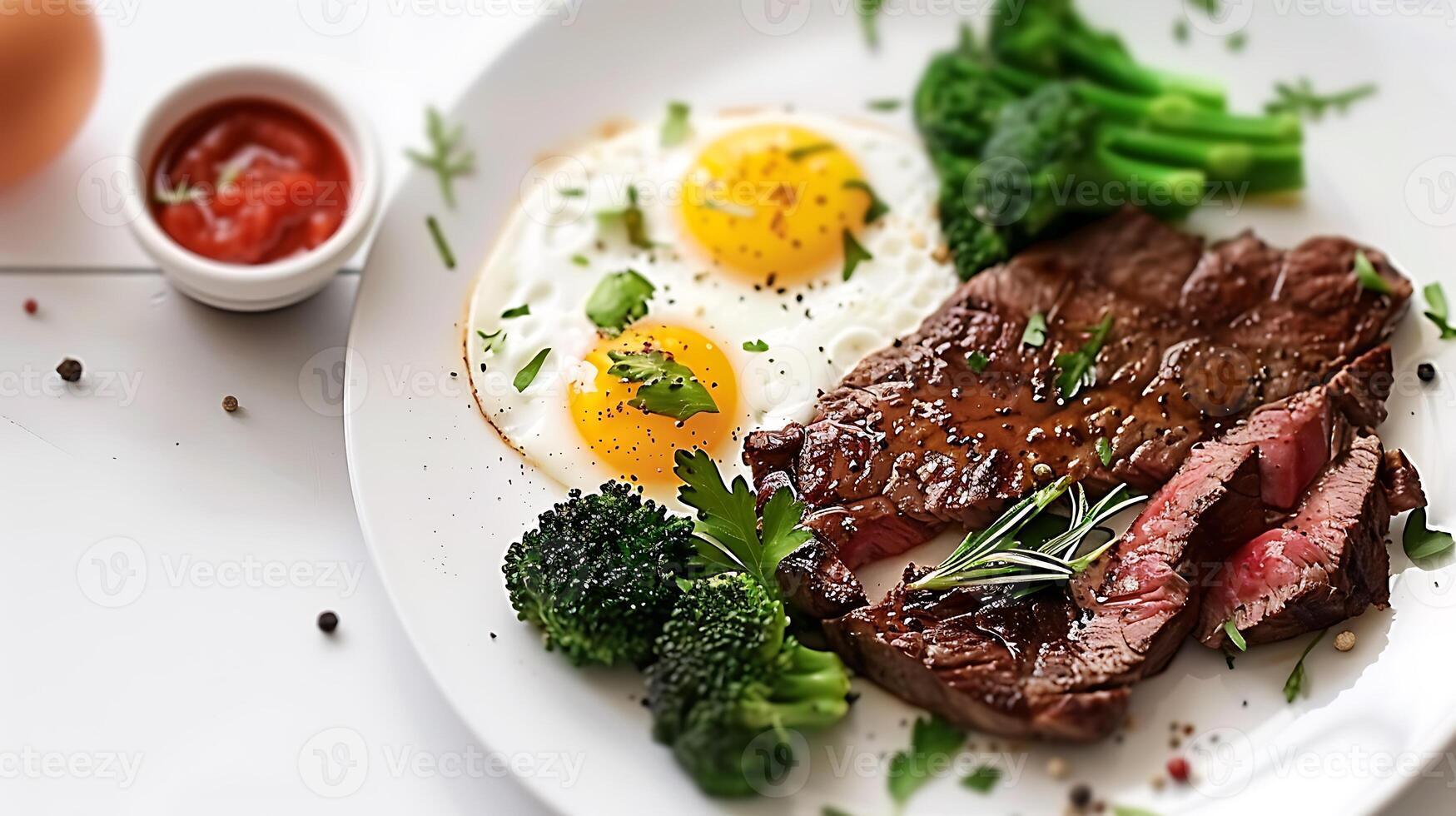 a white plate topped with steak and eggs next to broccoli. isolated on white photo