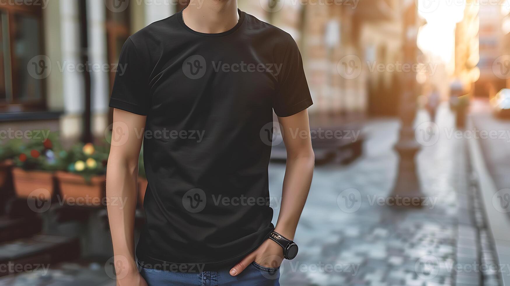 Young Model Shirt Mockup, Boy wearing black t-shirt on street in daylight, Shirt Mockup photo