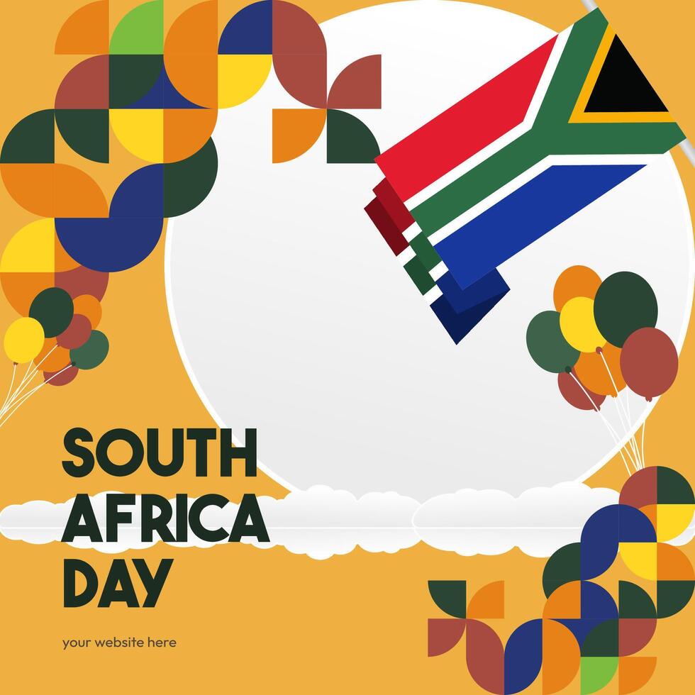 South Africa National Independence Day square banner. Modern geometric abstract background in colorful style for South Africa day. South Africa Independence greeting card cover with country flag. vector