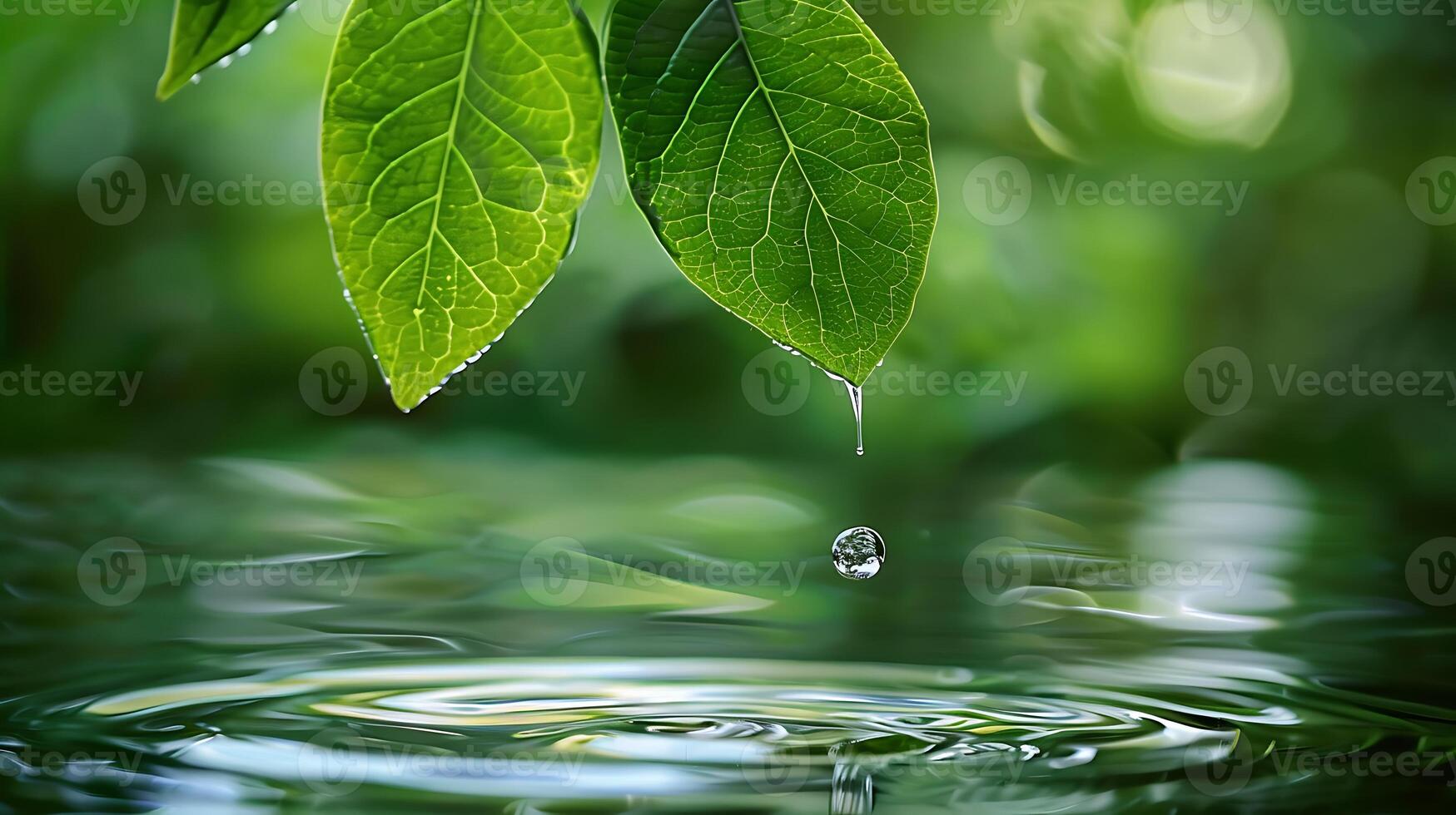 water falls from green leaf to water , photo