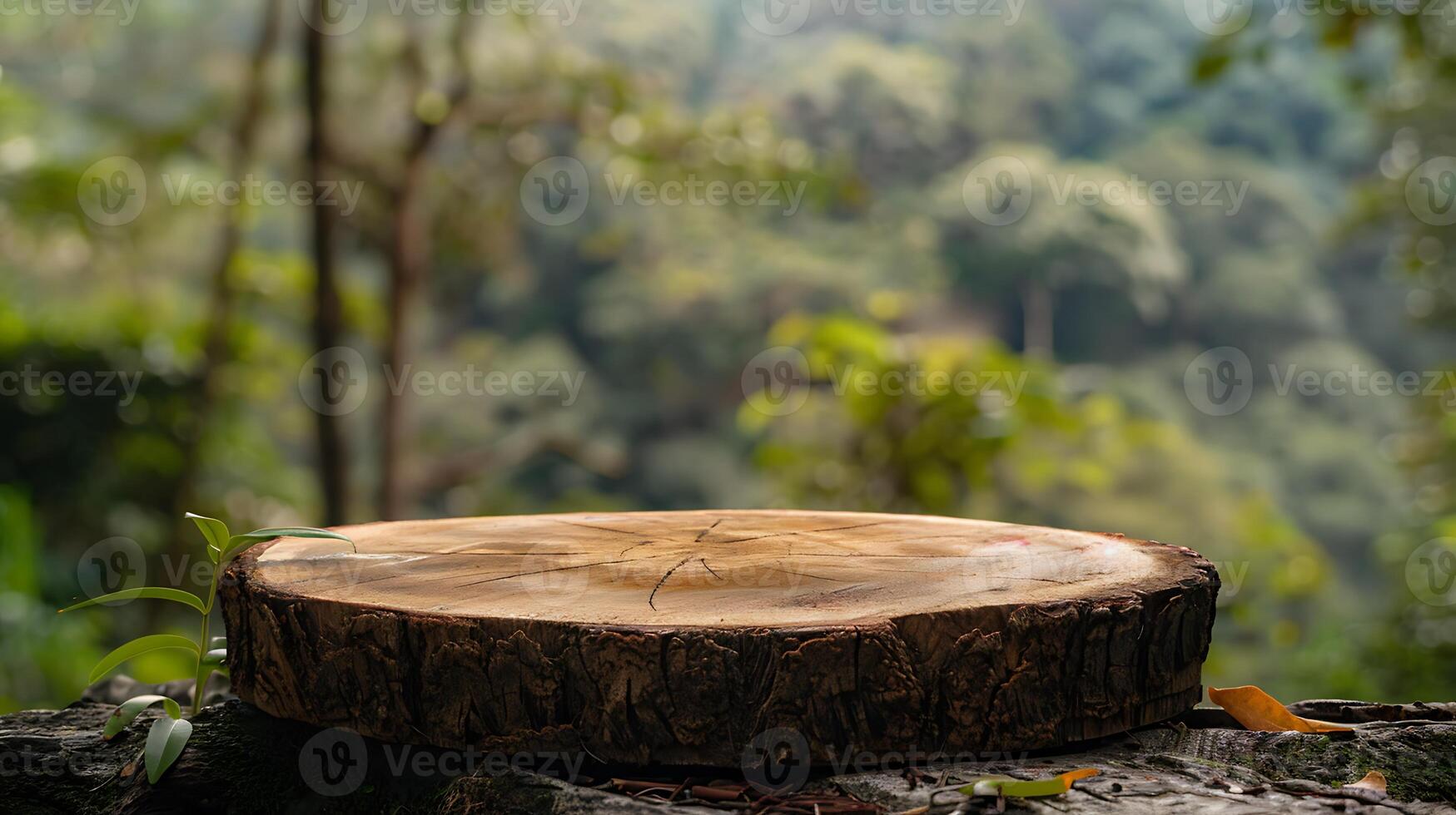 tree trunk wood podium display for food perfume and other products on nature background farm with grass and tree sunlight at morning , photo