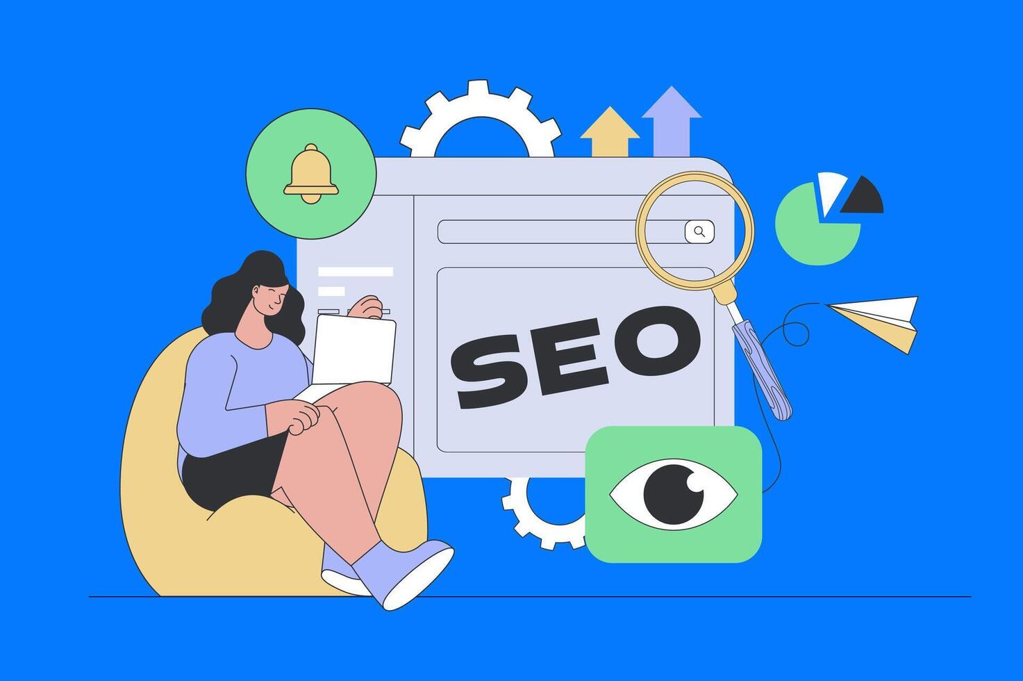 seo mejoramiento concepto en moderno plano diseño para web. mujer haciendo datos investigación, mejorando tráfico y sitio clasificación para Internet. ilustración para social medios de comunicación bandera, márketing material. vector