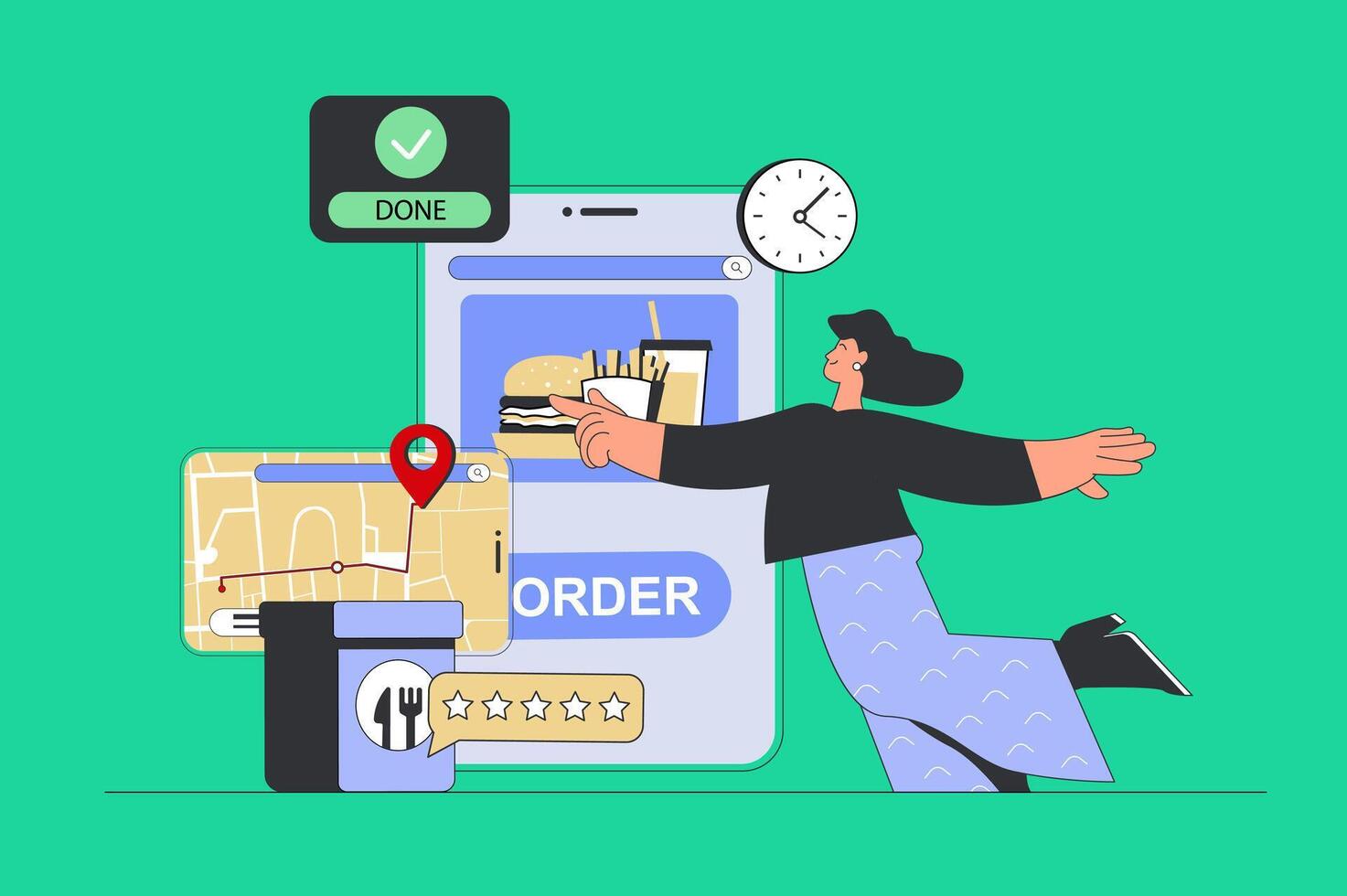 Food delivery concept in modern flat design for web. Woman ordering lunch at restaurant with courier shipping and tracking package. illustration for social media banner, marketing material. vector