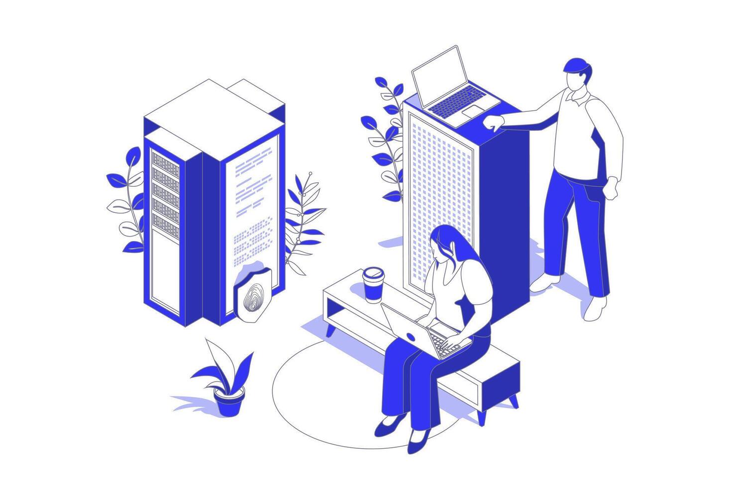 Data center 3d isometric concept in isometry graphic design for web. People scene with engineers work at server tech support, maintain infrastructure, monitoring security system. illustration. vector