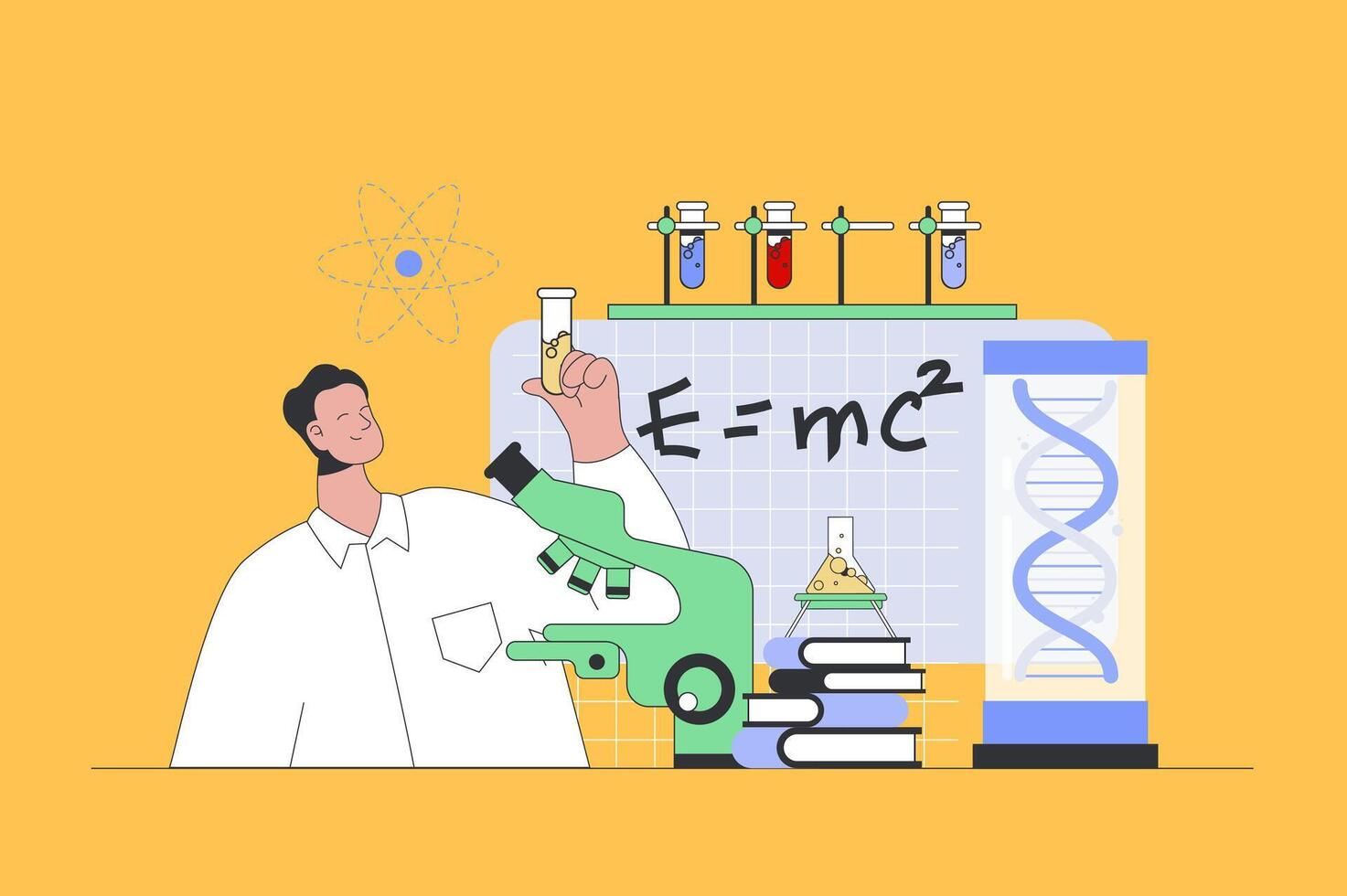 Science laboratory concept in modern flat design for web. Man making lab tests at flask and microscope, making professional expertise. illustration for social media banner, marketing material. vector