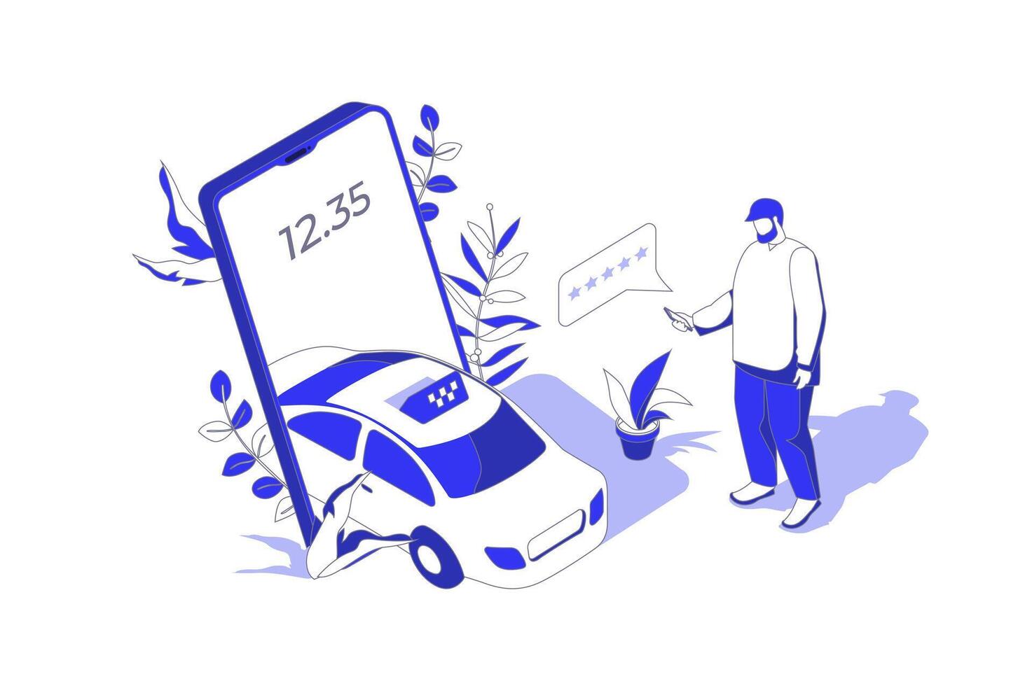Taxi booking 3d isometric concept in isometry graphic design for web. People scene with man ordering taxi car sing mobile app, using best rating driver and leaving client comment. illustration. vector