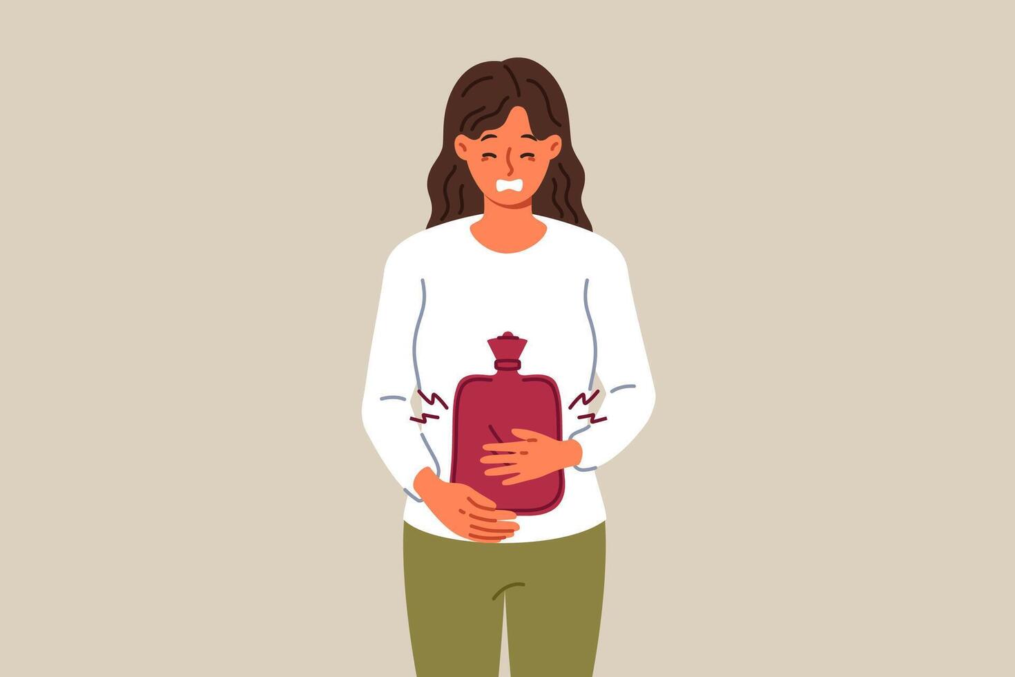 Suffering sick woman uses rubber heating pad to relieve abdominal pain caused by menstrual cycles vector