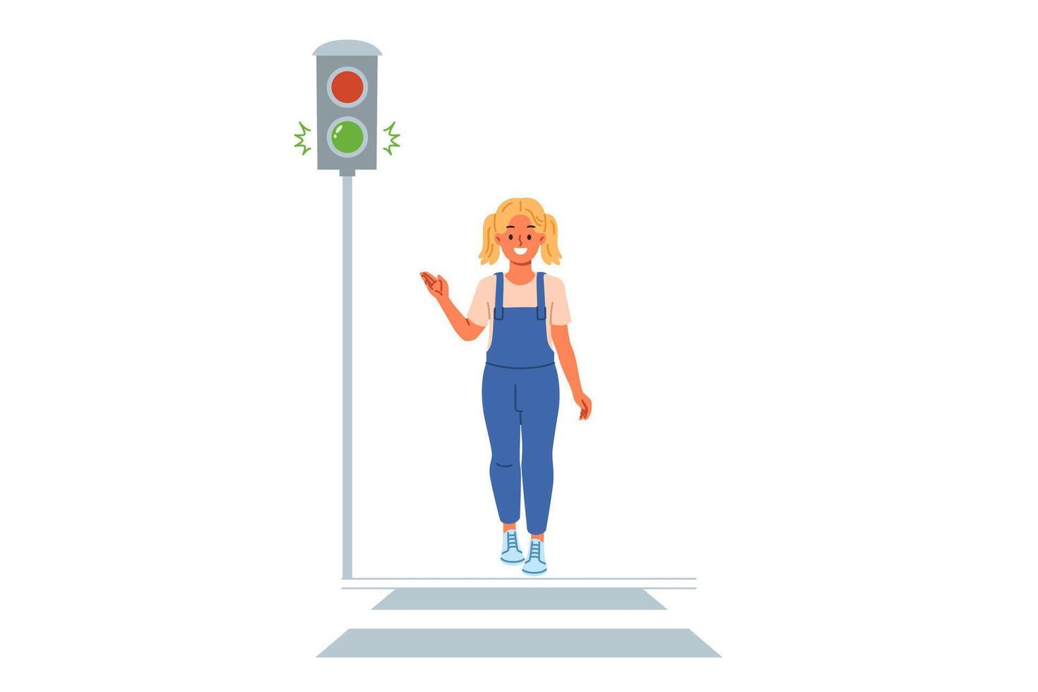 tráfico ligero muestra verde señal para pequeño niña caminando a lo largo peatonal cruce vector