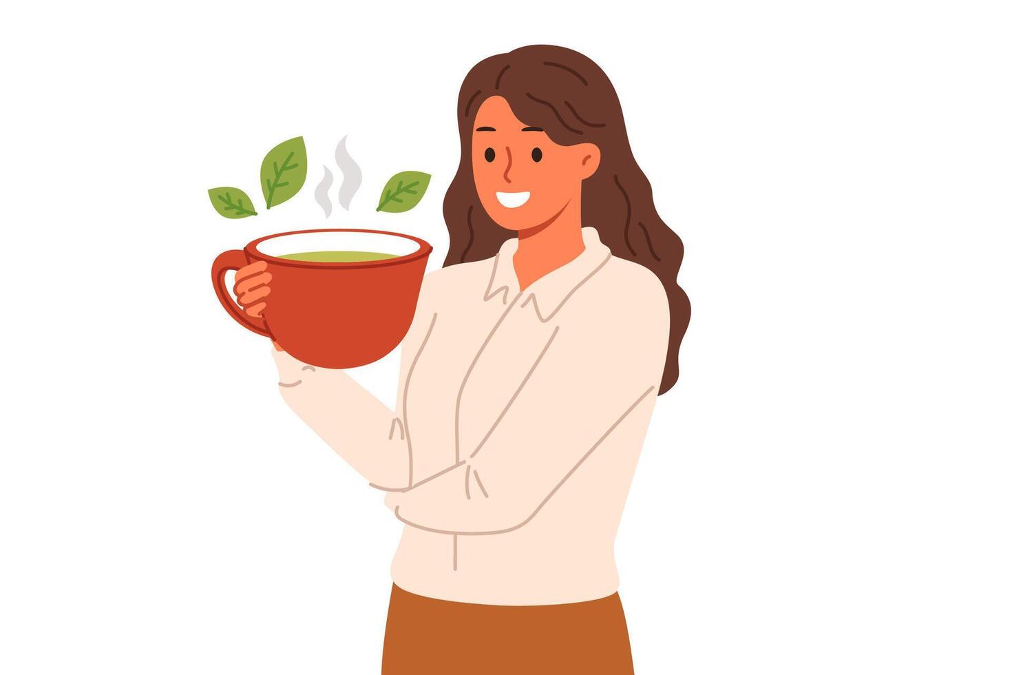Woman drinks green loose leaf tea from large mug, enjoying bite of hot, soothing drink vector