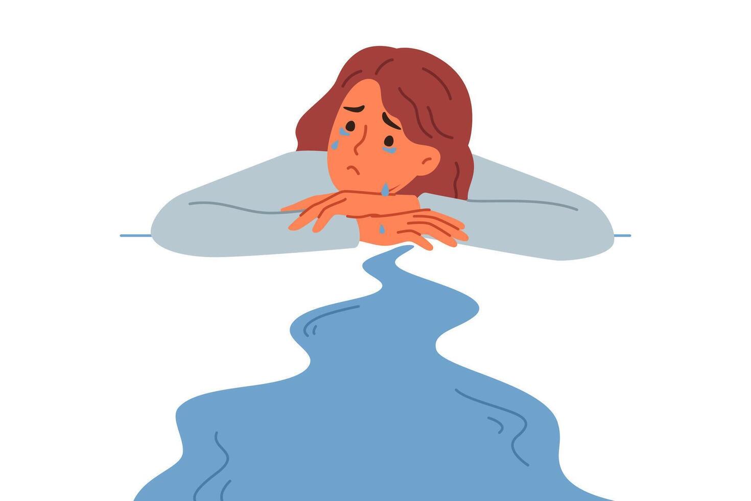 Woman cries, experiencing stress after breaking up with boyfriend, lying near puddle of tears vector