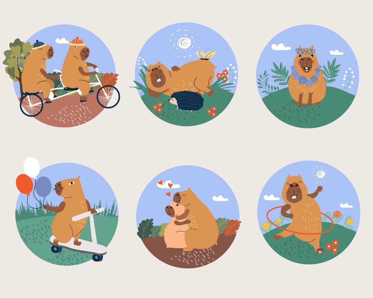 Copybara individuals engage in active recreation or sleep in nature, for holiday of july 10th vector