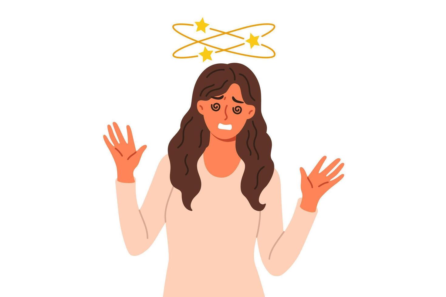Woman feels dizzy caused by hangover or intracranial pressure, stands with stars above head vector