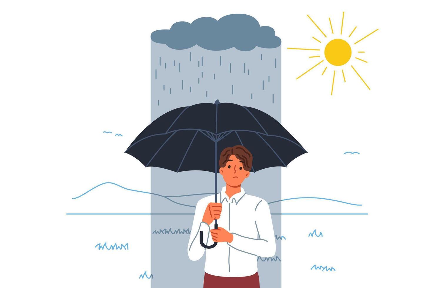 Failure and misfire haunt man standing with umbrella in rain, located in sunny area vector