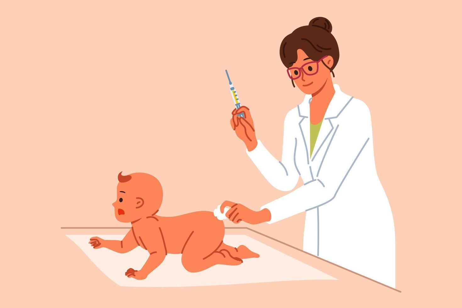 Woman pediatrician gives injection in butt of infant to preventively protect newborn from viruses vector