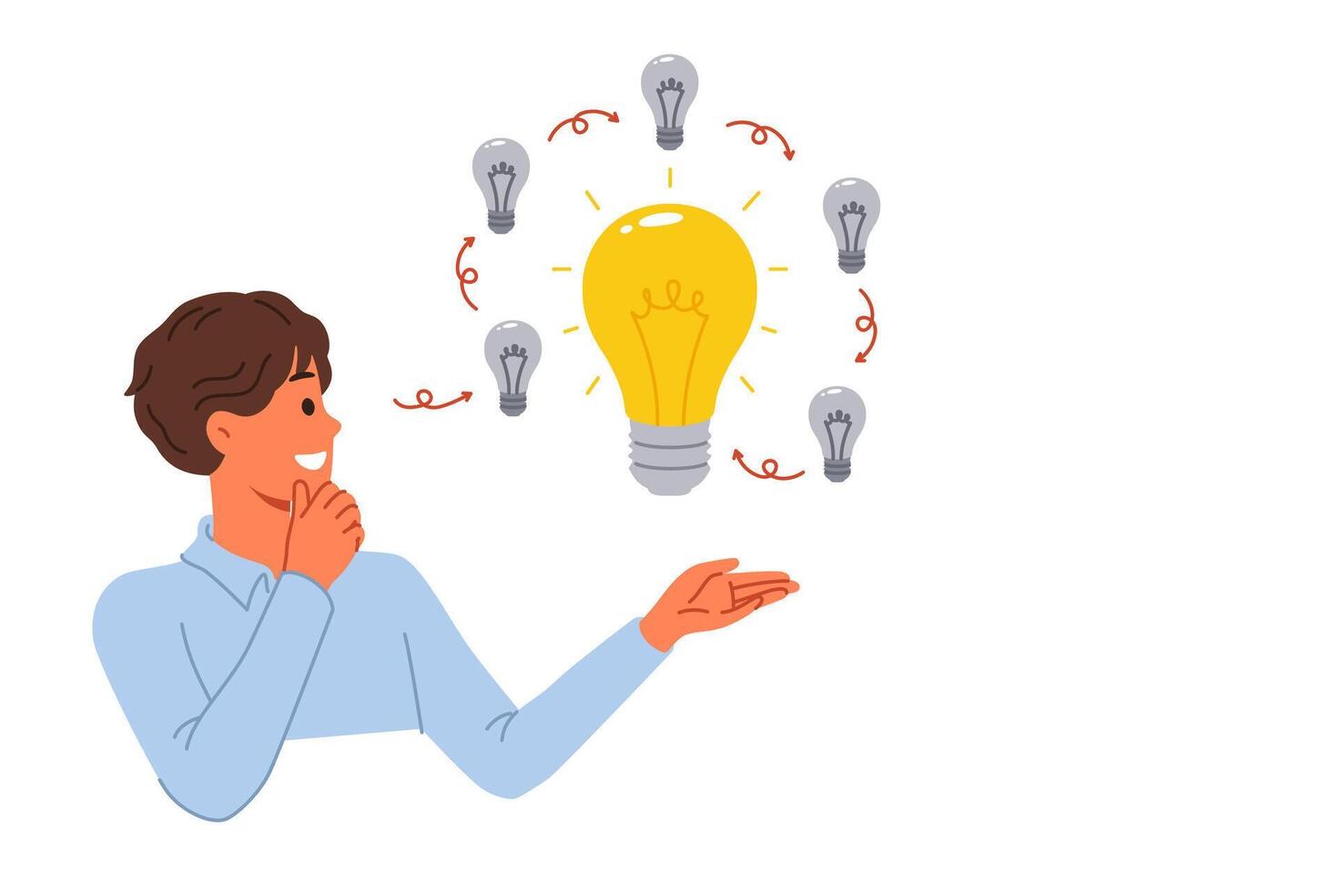 Man comes up with innovative idea, allows to get investments, standing near light bulbs vector