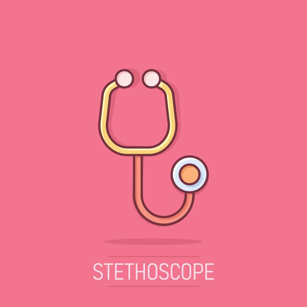 Stethoscope icon in comic style. Heart diagnostic cartoon illustration on isolated background. Medicine splash effect sign business concept. vector