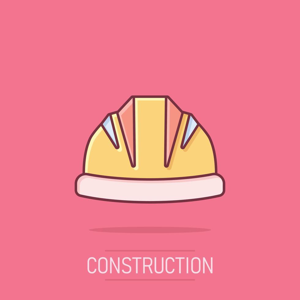 Construction helmet icon in comic style. Safety cap cartoon illustration on isolated background. Worker hat splash effect sign business concept. vector