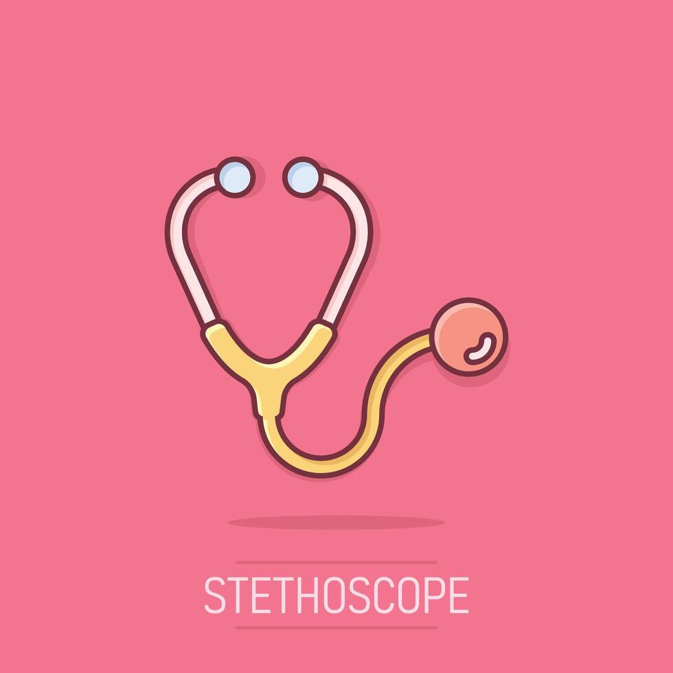 Stethoscope icon in comic style. Heart diagnostic cartoon illustration on isolated background. Medicine splash effect sign business concept. vector