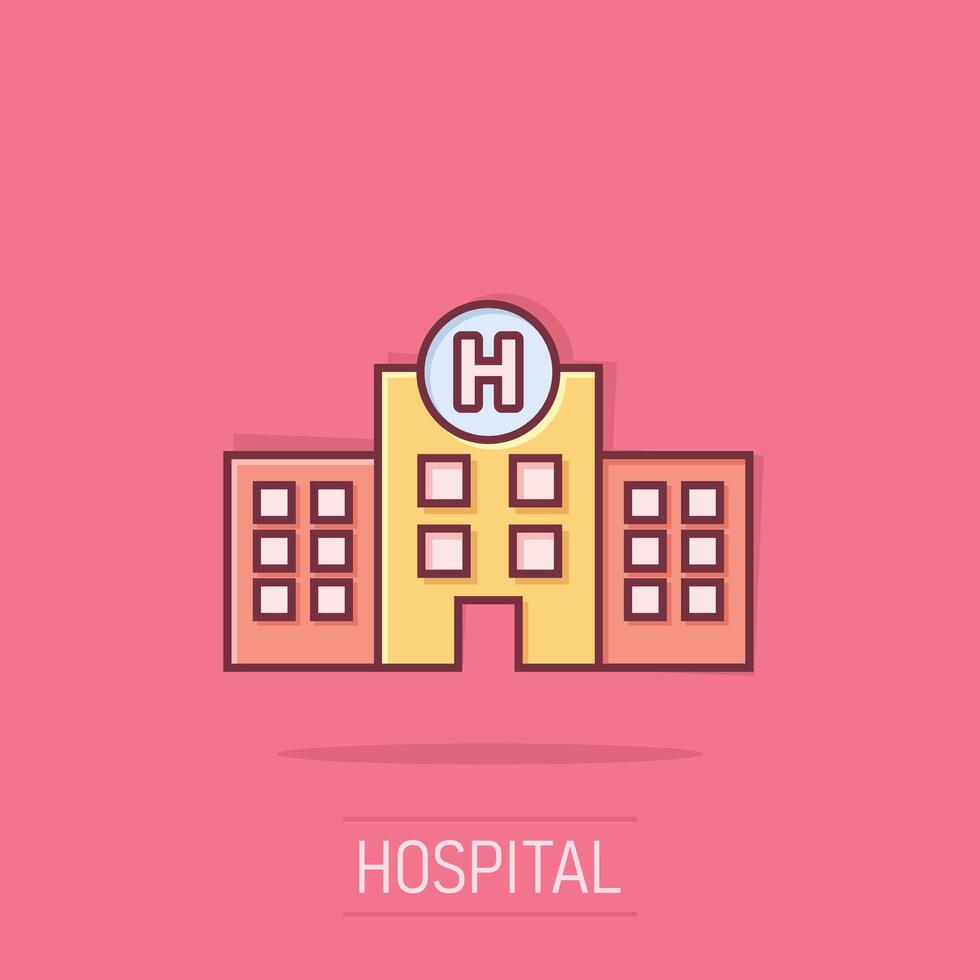 hospital edificio icono en cómic estilo. médico clínica dibujos animados ilustración en aislado antecedentes. medicina chapoteo efecto firmar negocio concepto. vector