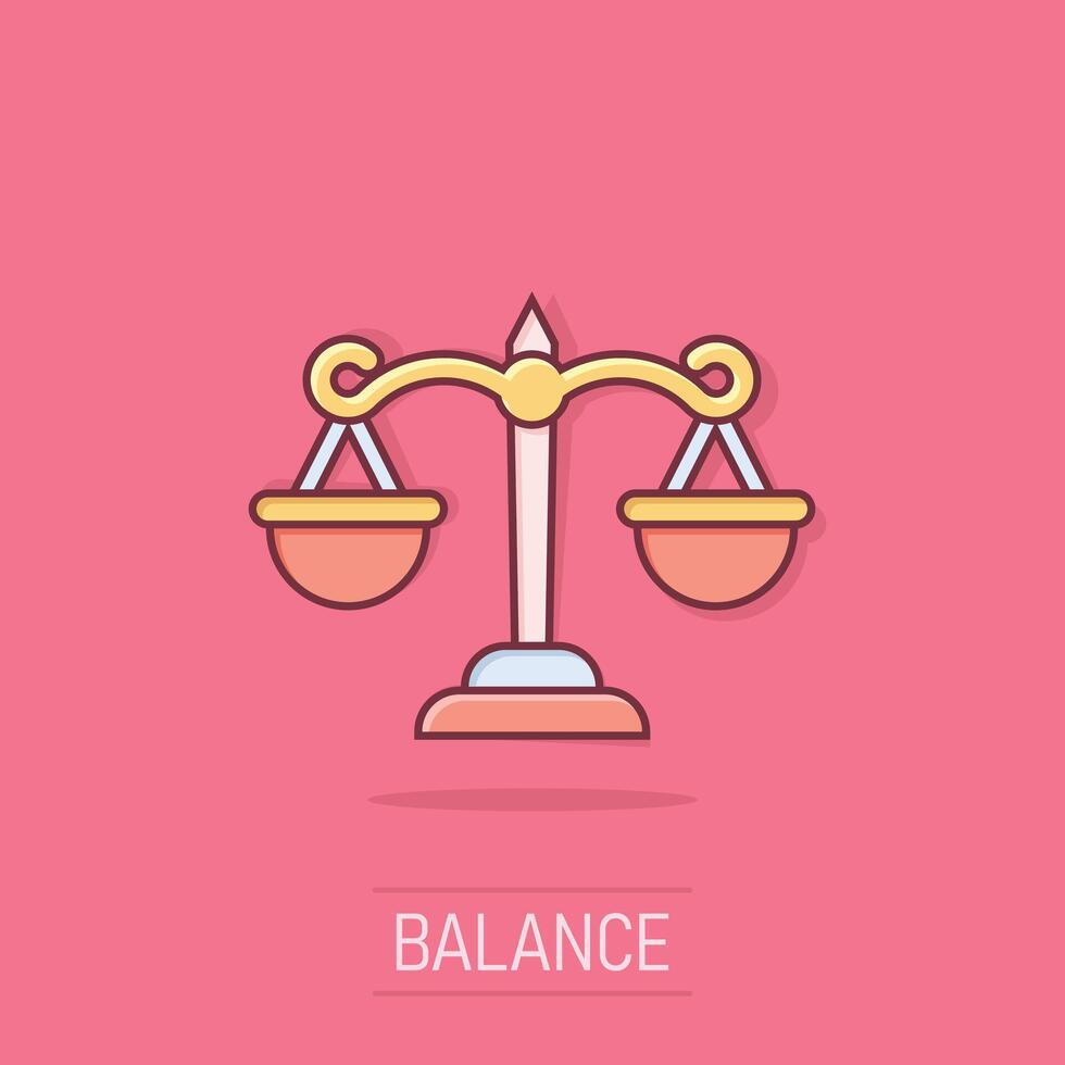 Scales icon in comic style. Libra cartoon illustration on isolated background. Mass comparison splash effect sign business concept. vector