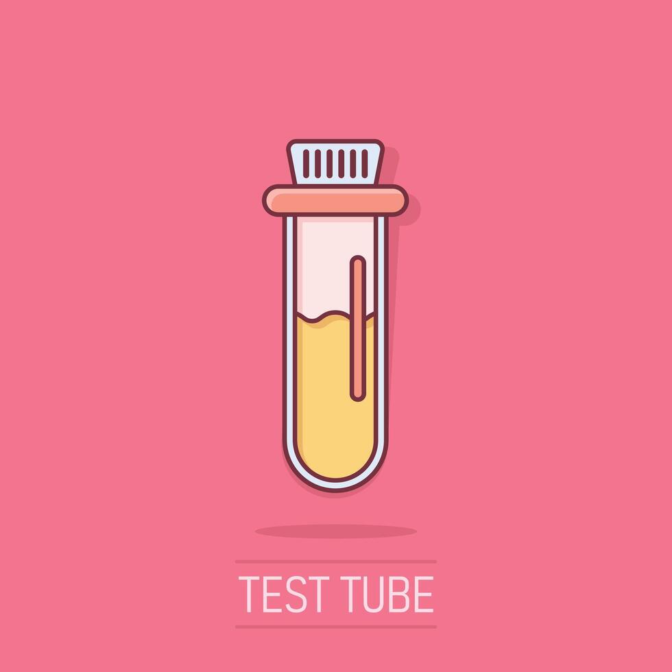 Blood in test tube icon in comic style. Laboratory flask cartoon illustration on isolated background. Liquid in beaker splash effect sign business concept. vector