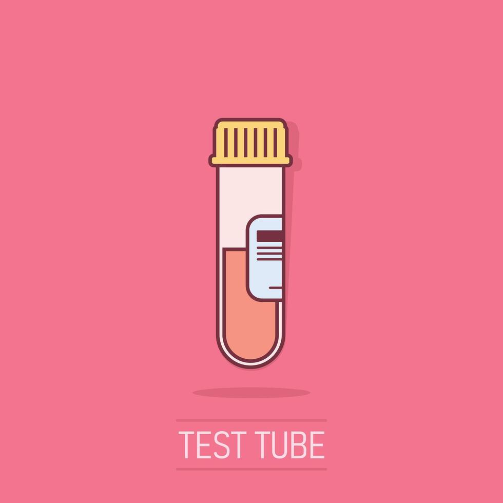 Blood in test tube icon in comic style. Laboratory flask cartoon illustration on isolated background. Liquid in beaker splash effect sign business concept. vector