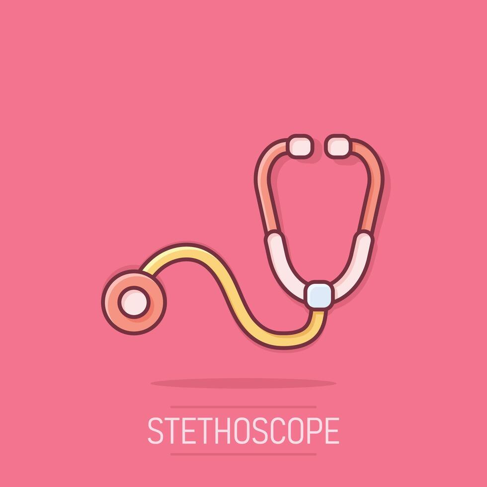 Stethoscope icon in comic style. Heart diagnostic cartoon illustration on isolated background. Medicine splash effect sign business concept. vector