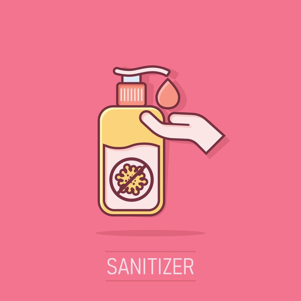 Hand sanitizer icon in comic style. Antiseptic bottle cartoon illustration on isolated background. Disinfect gel splash effect sign business concept. vector