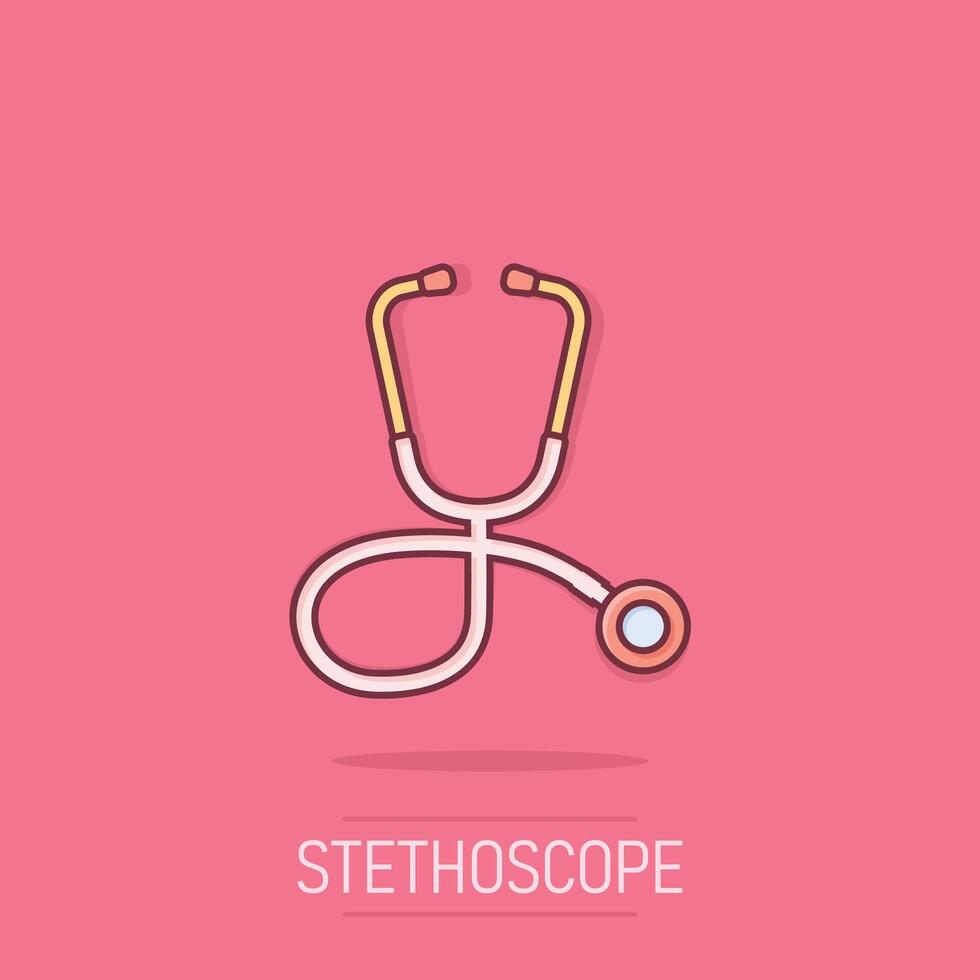 Stethoscope icon in comic style. Heart diagnostic cartoon illustration on isolated background. Medicine splash effect sign business concept. vector